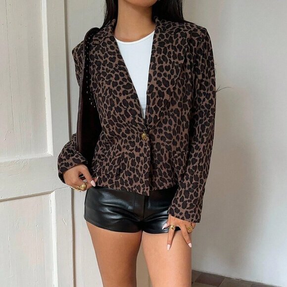 Multicolor Casual Women's Streetstyle Leopard Print Blazer Jacket - Picture 6 of 7
